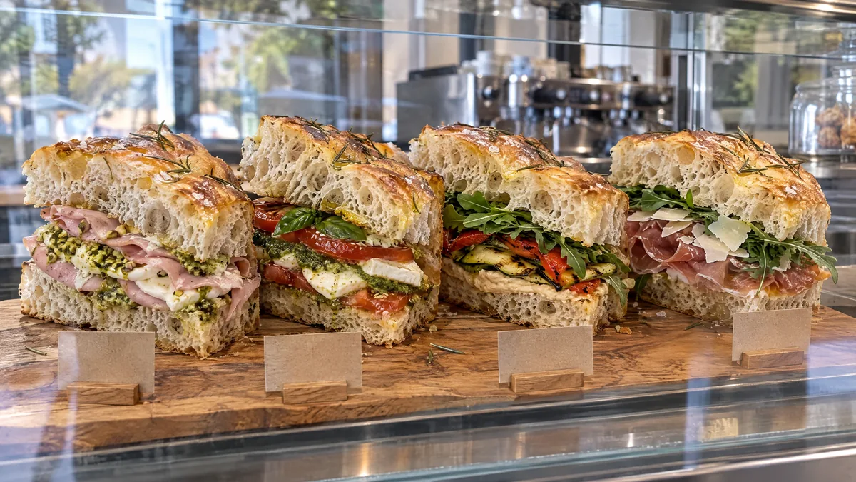 Café-Vitrine mit vier Focaccia-Sandwiches, die Schnittfläche nach vorn: Mortadella mit Pistazienpesto, Caprese, Grillgemüse und Rohschinken mit Parmesan