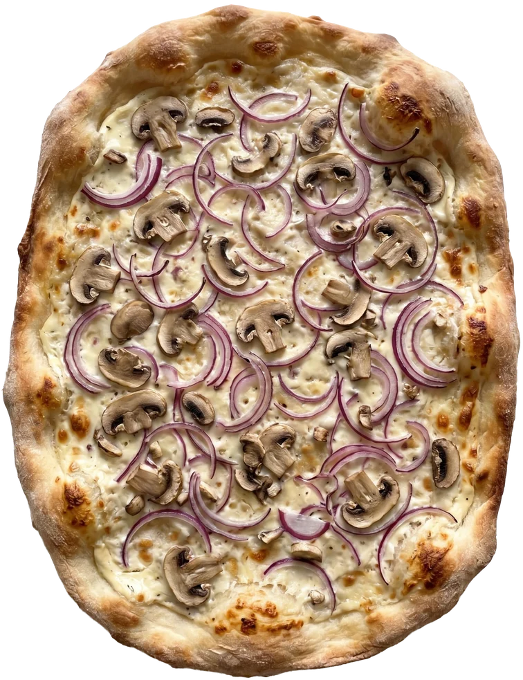 Flammkuchen Pilz-Zwiebel, von oben