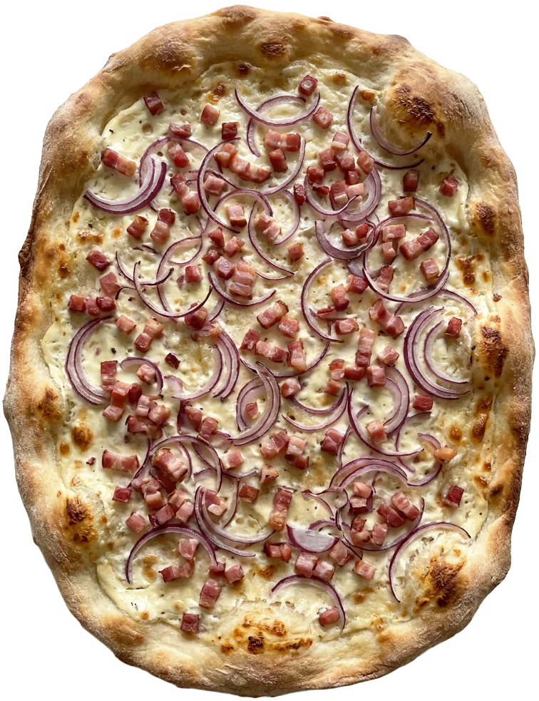 Flammkuchen Speck-Zwiebel, von oben