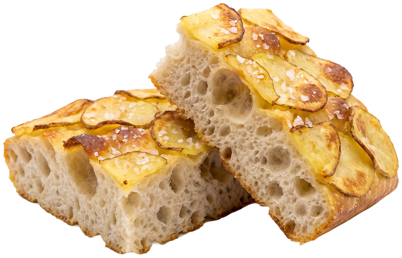 Focaccia Patate – zwei Stücke im Anschnitt
