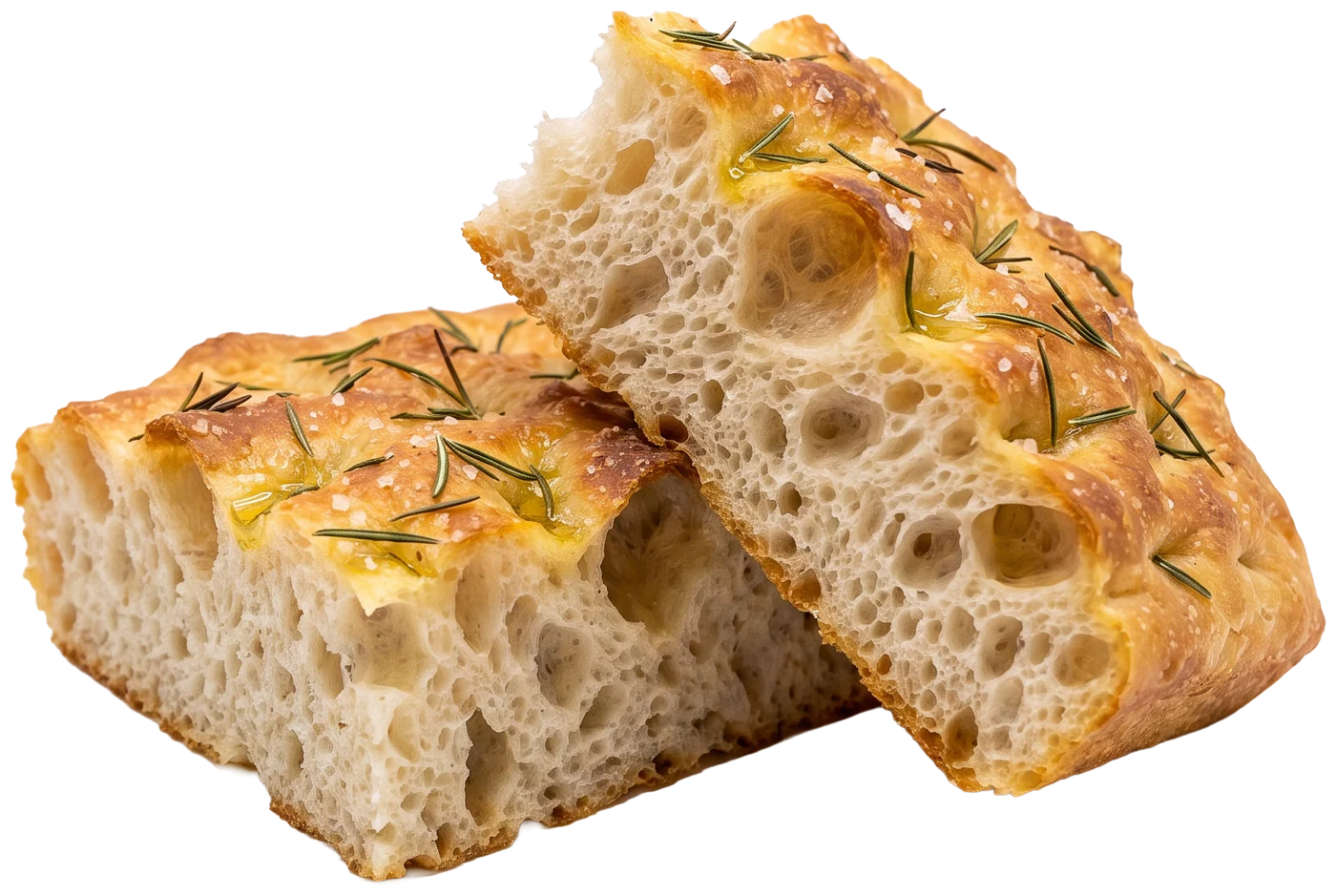 Focaccia Rosmarino – zwei Stücke im Anschnitt